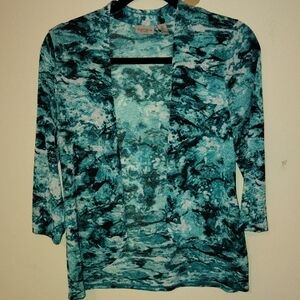 new directions Teal Marble-Print Open Cardigan